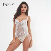 YiDuo seksi ženski bodi s V-izrezom i vezanjem za tijelo Klubska odjeća 2019. Novi bijeli prozirni mrežasti bodi s cvjetnim vezom