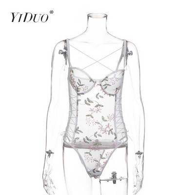 YiDuo seksi ženski bodi s V-izrezom i vezanjem za tijelo Klubska odjeća 2019. Novi bijeli prozirni mrežasti bodi s cvjetnim vezom