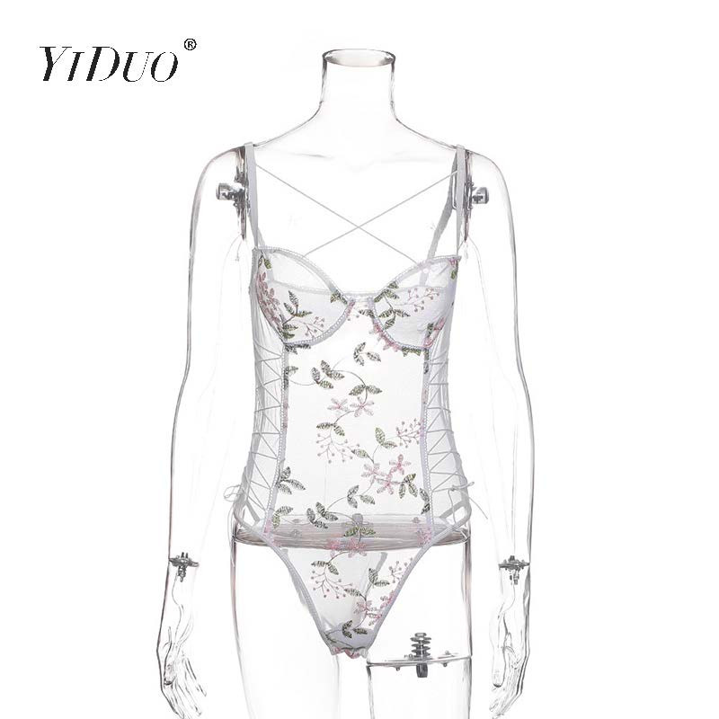 YiDuo seksi ženski bodi s V-izrezom i vezanjem za tijelo Klubska odjeća 2019. Novi bijeli prozirni mrežasti bodi s cvjetnim vezom