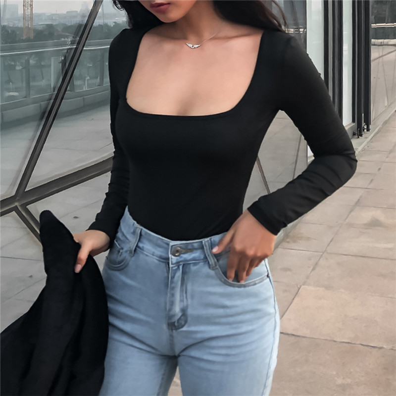 Body skinny cu mânecă lungă, guler pătrat, body solid pentru femei, costum nou casual, bodycon, 2019, primăvară, toamnă