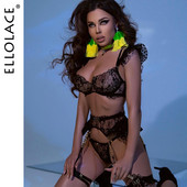 Ellolace Lenjerie de lux din dantela Lenjerie de corp delicată fantezie Volane cu buline Transparente Seturi exotice senzuale cu jartiere 5 piese