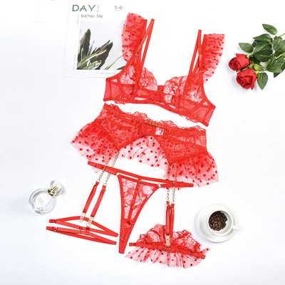 Ellolace Lenjerie de lux din dantela Lenjerie de corp delicată fantezie Volane cu buline Transparente Seturi exotice senzuale cu jartiere 5 piese