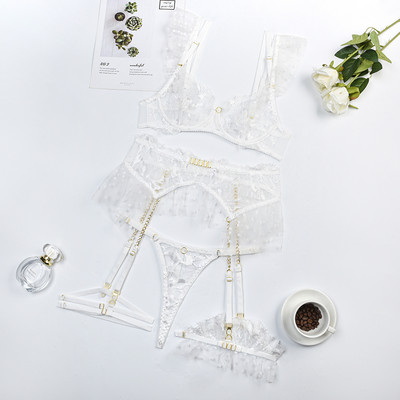 Ellolace Lenjerie de lux din dantela Lenjerie de corp delicată fantezie Volane cu buline Transparente Seturi exotice senzuale cu jartiere 5 piese