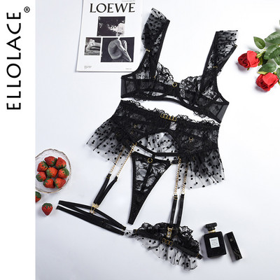 Ellolace Lenjerie de lux din dantela Lenjerie de corp delicată fantezie Volane cu buline Transparente Seturi exotice senzuale cu jartiere 5 piese