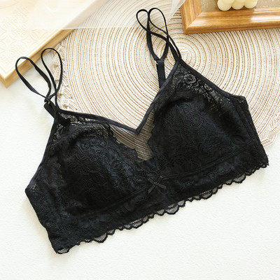 Sutiene sexy din dantelă fără sârmă pentru femei, căptușeală din mătase de dud franceză, cupe cu mod ultrasubțire, ținută de zi cu zi Sutiene negru respirabil