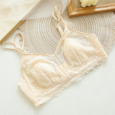 Sutiene sexy din dantelă fără sârmă pentru femei, căptușeală din mătase de dud franceză, cupe cu mod ultrasubțire, ținută de zi cu zi Sutiene negru respirabil