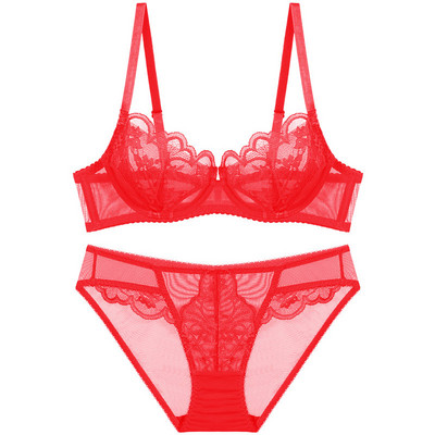 Logirlve Ultrathin Cup Σετ σουτιέν Push-up Σετ εσωρούχων Κέντημα Gather Bra Plus Size Lace Σετ εσωρούχων για σουτιέν και κάτω μέρος