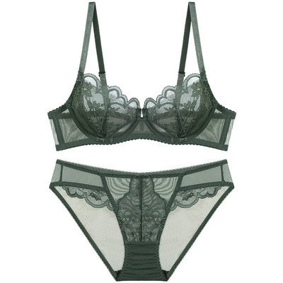Logirlve Ultrathin Cup Σετ σουτιέν Push-up Σετ εσωρούχων Κέντημα Gather Bra Plus Size Lace Σετ εσωρούχων για σουτιέν και κάτω μέρος