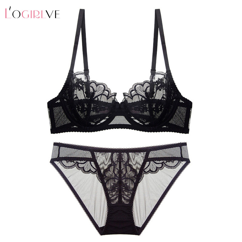 Logirlve Ultrathin Cup Σετ σουτιέν Push-up Σετ εσωρούχων Κέντημα Gather Bra Plus Size Lace Σετ εσωρούχων για σουτιέν και κάτω μέρος