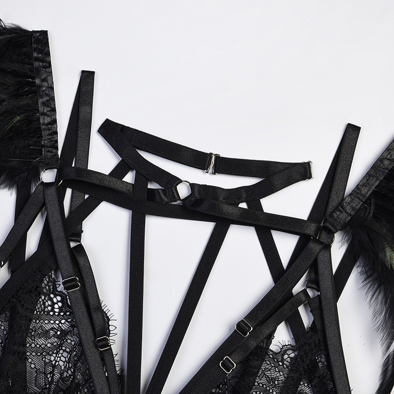 Set de lenjerie din dantelă Yimunancy, 2 piese, set de lenjerie intima pentru femei, cu umeri încrucișați, fantezie, sexy, set de slip de jartieră