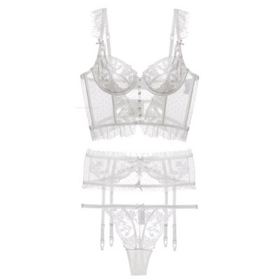 3tk Lilletikandiga pesu pesukomplekt Naiste Push Up rinnahoidja sukapaeltega Pulmavalge rinnahoidja + aluspüksid komplektid G-Strings stringid