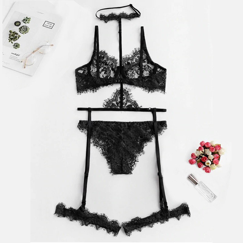 Naiste intiimne seksikas rinnahoidja ja aluspüksid, läbipaistev aluspesu komplekt, pitsiline ripsmete aluspesu komplekt, kaelarihmaga - must