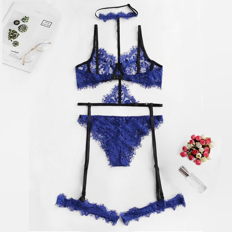Naiste intiimne seksikas rinnahoidja ja aluspüksid, läbipaistev aluspesu komplekt, pitsiline ripsmete aluspesu komplekt, kaelarihmaga - must