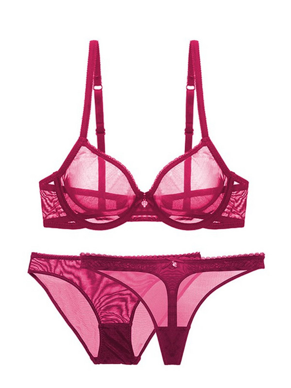 Varsbaby Lenjerie de corp sexy transparentă Sutien fără căptușeală transparentă + Chiloți + Tanga 3 buc Set sutien mărime plus 32-42CDE