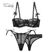 Varsbaby Σέξι Δαντέλα Φιόγκος Μισό Κύπελλο συν μέγεθος Σετ Εσωρούχων 3 τεμάχια/παρτίδα 1 Σουτιέν + 2 Άνετα δαντέλα στρινγκ γυναικεία