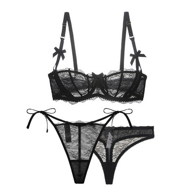Varsbaby Σέξι Δαντέλα Φιόγκος Μισό Κύπελλο συν μέγεθος Σετ Εσωρούχων 3 τεμάχια/παρτίδα 1 Σουτιέν + 2 Άνετα δαντέλα στρινγκ γυναικεία