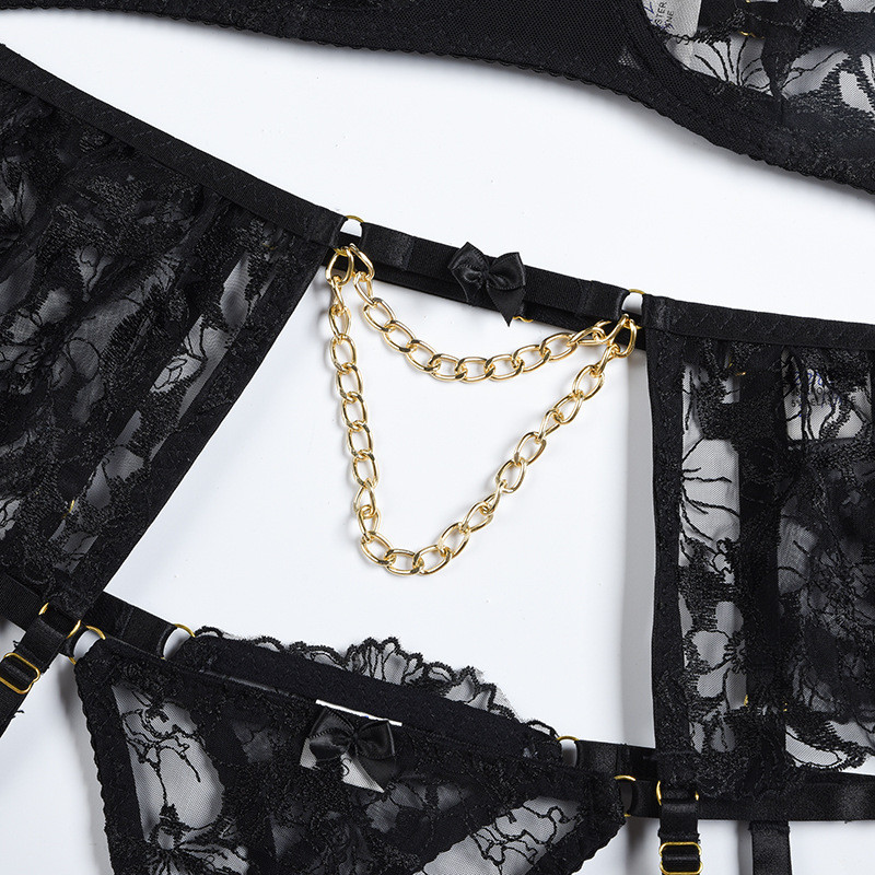 Yimunancy 4-dijelni set donjeg rublja s vezom od zlatnog lanca, ženski crni prozirni seksi egzotični komplet s elegantnim podvezicama