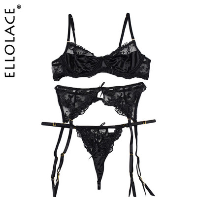 Εσώρουχα δαντέλα Ellolace Κέντημα Γυναικεία Εσώρουχα Διάφανα Ερωτικά Push Up Σουτιέν και Σετ εσώρουχα Μαύρες φανταχτερές καλτσοδέτες Intimate