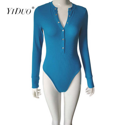 Body tricotat YiDuo sexy cu decolteu în V alb negru cu mânecă lungă, cu nasturi, salopete pentru femei, 2020, ocazional, dintr-o singură bucată, gri