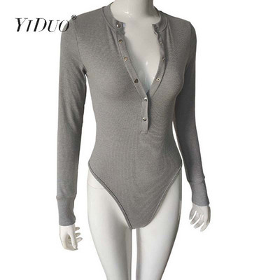 Body tricotat YiDuo sexy cu decolteu în V alb negru cu mânecă lungă, cu nasturi, salopete pentru femei, 2020, ocazional, dintr-o singură bucată, gri