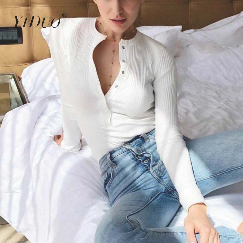 Body tricotat YiDuo sexy cu decolteu în V alb negru cu mânecă lungă, cu nasturi, salopete pentru femei, 2020, ocazional, dintr-o singură bucată, gri