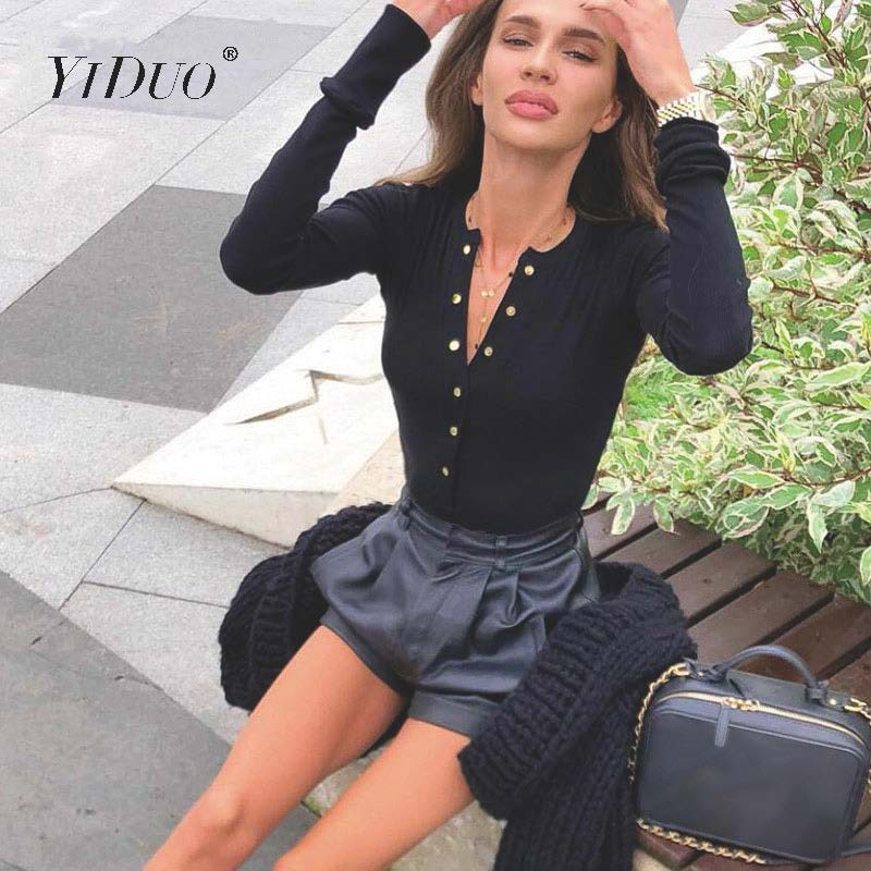 Body tricotat YiDuo sexy cu decolteu în V alb negru cu mânecă lungă, cu nasturi, salopete pentru femei, 2020, ocazional, dintr-o singură bucată, gri