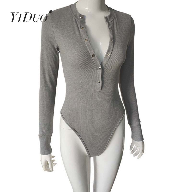 Body tricotat YiDuo sexy cu decolteu în V alb negru cu mânecă lungă, cu nasturi, salopete pentru femei, 2020, ocazional, dintr-o singură bucată, gri