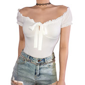 Jednobojni, seksi ženski rastezljivi bodi s otvorenim ramenima, ženski gornji dijelovi Ljeto 2019. Elegantni uski bodi kratkih rukava