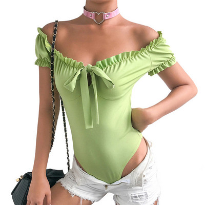 Jednobojni, seksi ženski rastezljivi bodi s otvorenim ramenima, ženski gornji dijelovi Ljeto 2019. Elegantni uski bodi kratkih rukava