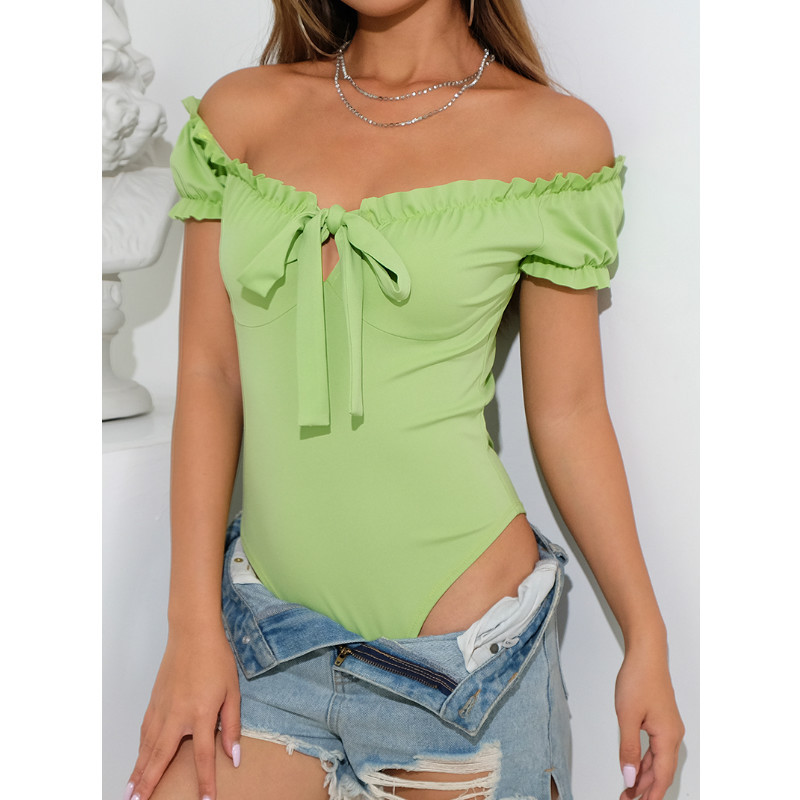 Jednobojni, seksi ženski rastezljivi bodi s otvorenim ramenima, ženski gornji dijelovi Ljeto 2019. Elegantni uski bodi kratkih rukava