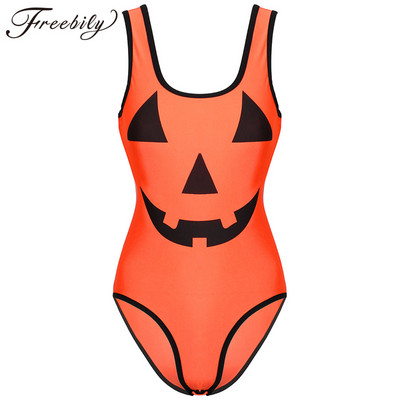 Naiste Halloween Pumpkin Print Body U kaelus, varrukateta, pressitud nööbid, jalgevahega trikoo Bodycon Bodysuit Peoduslikud klubirõivad