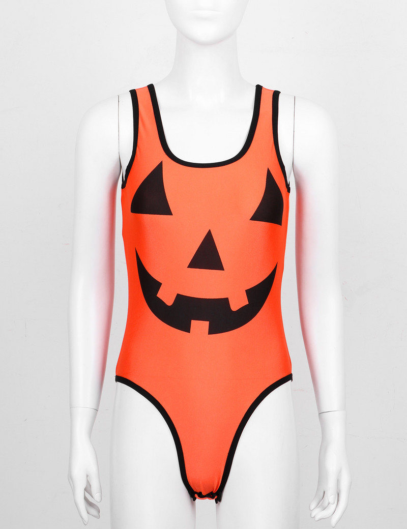 Γυναικείο Ολόσωμο απόκριες κολοκύθας με στάμπα U λαιμόκοψη αμάνικα πατημένα κουμπιά με καβάλο Leotard Bodycon Φανταστικά πάρτι