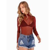 Pikkade varrukatega, kõrge kaelusega kõhn Body 2019, kevad uus naiste must punane soliidne seksikas kehaülikond, läbipaistev võrguga ööklubi kandmise topid