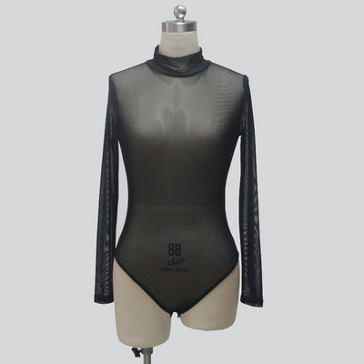 Pikkade varrukatega, kõrge kaelusega kõhn Body 2019, kevad uus naiste must punane soliidne seksikas kehaülikond, läbipaistev võrguga ööklubi kandmise topid