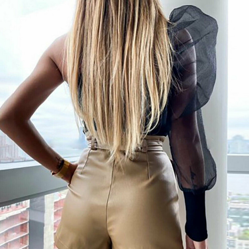 Ženski kombinezon s mrežastim rukavima, triko na jedno rame, puf od tila i rukava, gornji dio Klub Party jednobojni kombinezon s povezima