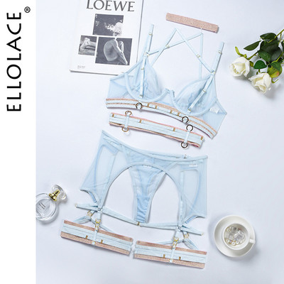 Ellolace Lenjerie de lux pentru femei, 4 piese, lenjerie de corp transparentă, bandaj, jartiere, tanga sexy, sutien transparent fantezist, seturi erotice