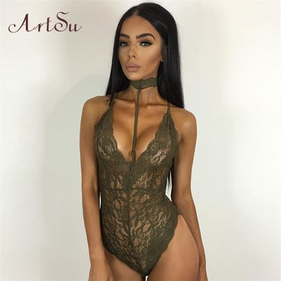 ArtSu Body din dantelă neagră Halter Femei 2017 See Through Summer Playsuit Mesh Sexy Bodycon Rompers Salopete Bodysuits ASJU20025