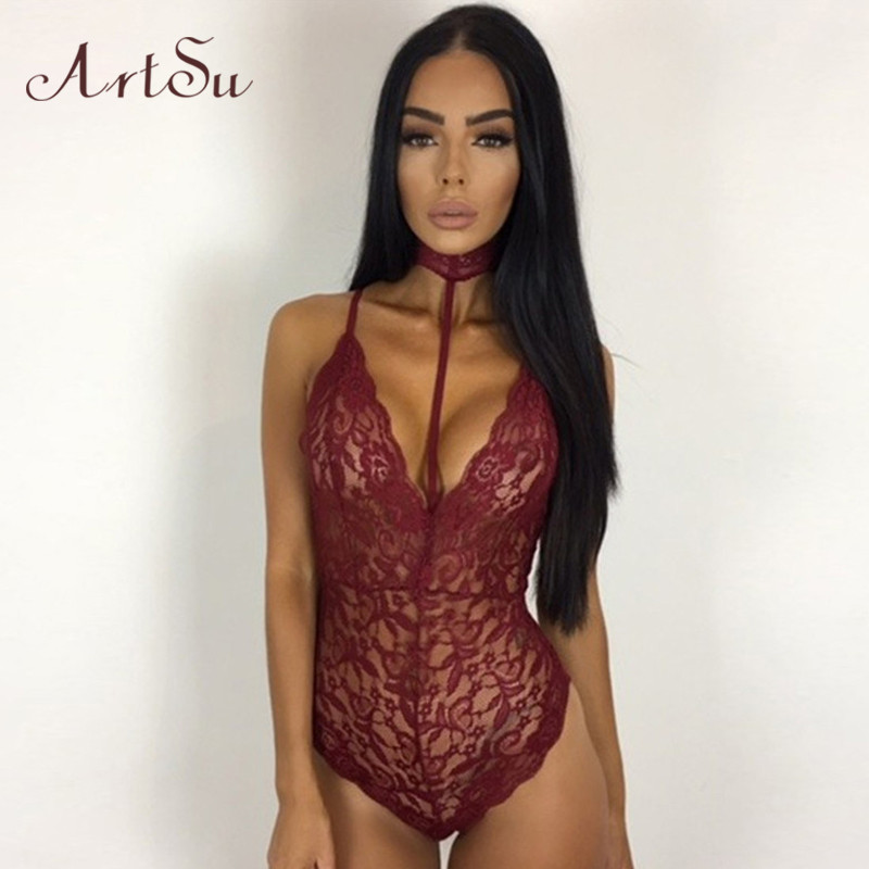 ArtSu Black Lace Halter Bodysuit Women 2017 See Through Summer Playsuit Mesh Sexy Bodycon Rompers Jumpsuits Bodysuits ASJU20025