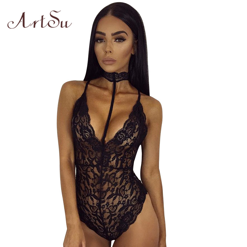 ArtSu Black Lace Halter Bodysuit Women 2017 See Through Summer Playsuit Mesh Sexy Bodycon Rompers Jumpsuits Bodysuits ASJU20025