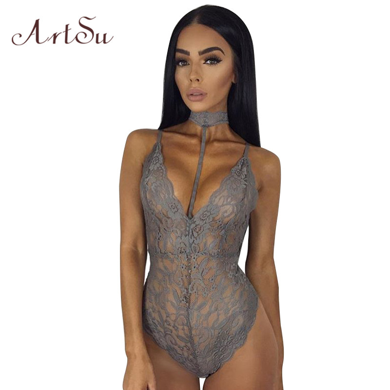 ArtSu Black Lace Halter Bodysuit Women 2017 See Through Summer Playsuit Mesh Sexy Bodycon Rompers Jumpsuits Bodysuits ASJU20025