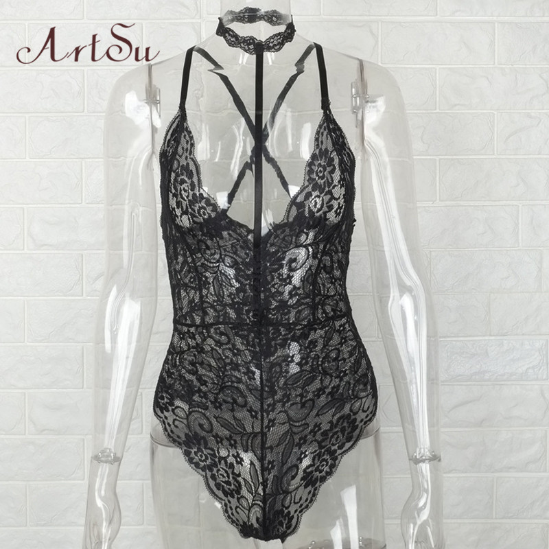 ArtSu Black Lace Halter Bodysuit Women 2017 See Through Summer Playsuit Mesh Sexy Bodycon Rompers Jumpsuits Bodysuits ASJU20025