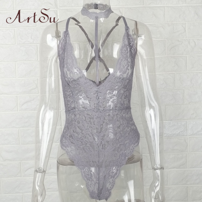 ArtSu Black Lace Halter Bodysuit Women 2017 See Through Summer Playsuit Mesh Sexy Bodycon Rompers Jumpsuits Bodysuits ASJU20025