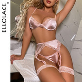 Ellolace Wetlook Lenjerie Dantela Patchwork Lenjerie de corp Fancy Femei Sutien Push Up Necenzurat Erotic Intim Set Portjartiere 4 piese