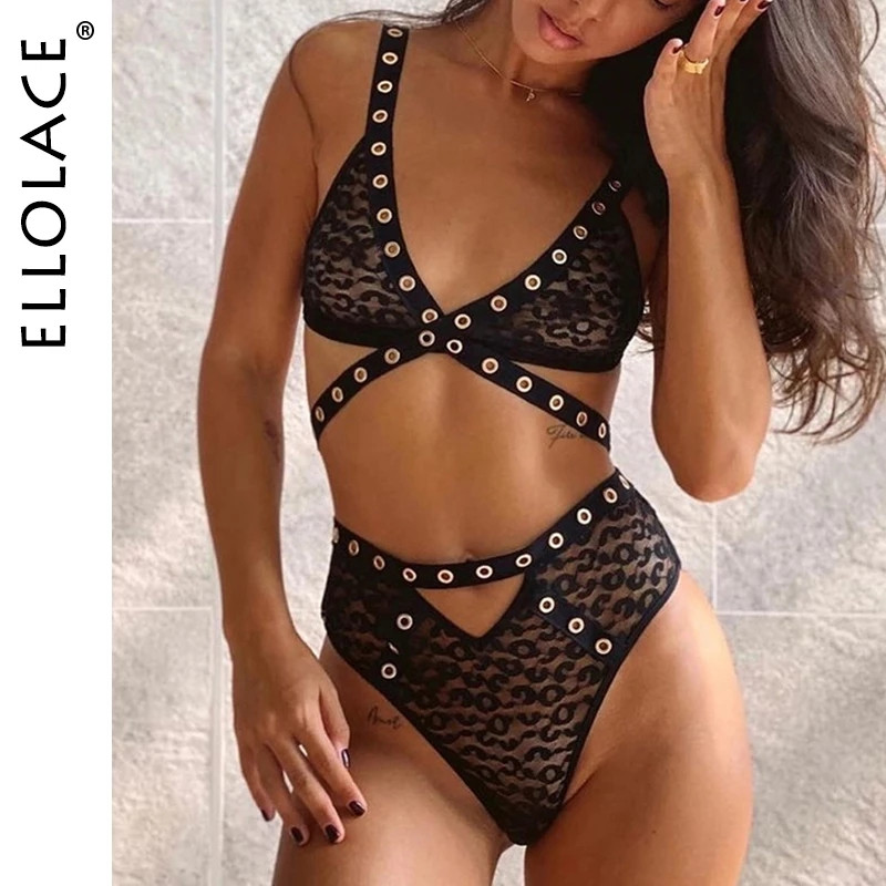 Ellolace Sexy Bandaj Lenjerie Dantela Lenjerie Sutien transparent Erotic Senzual Intim Negru Exotic Seturi de slip Leopard Seturi de slip