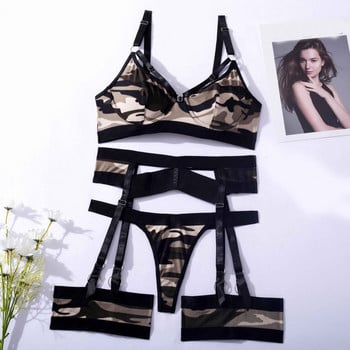 Intimates Секси бельо Дамски прозрачни бикини и Push Up сутиен Бельо за Femme Дамски 3 бр камуфлажен принт Комплекти от 3 бр.