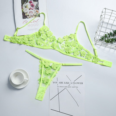 Set de lenjerie sexy din dantelă Floral Sutien transparent Chiloți Lenjerie de noapte Lenjerie de corp roz transparentă Femei Broderie Sheer Underwear Sex