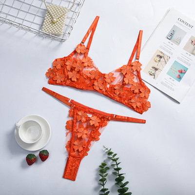 Set de lenjerie sexy din dantelă Floral Sutien transparent Chiloți Lenjerie de noapte Lenjerie de corp roz transparentă Femei Broderie Sheer Underwear Sex