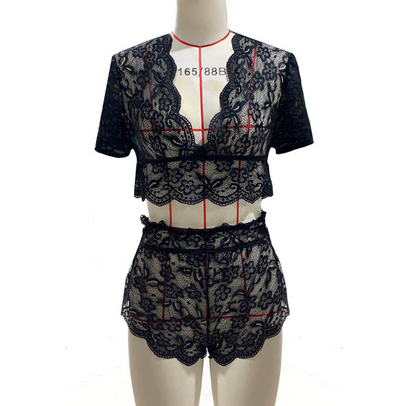 Γυναικεία σέξι δαντελένια εσώρουχα Σουτιέν Σύντομο σετ με λαιμόκοψη σε V-λαιμόκοψη Crop tops Thong κοντά μανίκια Εσώρουχα Εσώρουχα Εσώρουχα Εσώρουχα Εσώρουχα Νυχτικά Plus Size