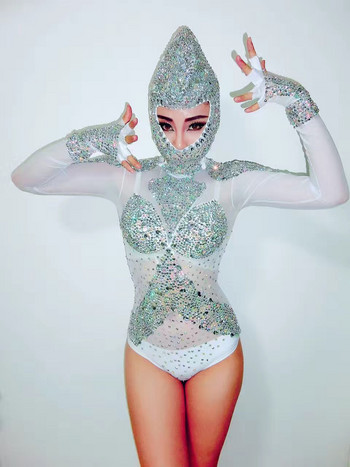 Дамски секси костюми с трико с дълги ръкави и кристали с кристали Черно боди на певица Dj Марля Блестящо диамантено боди