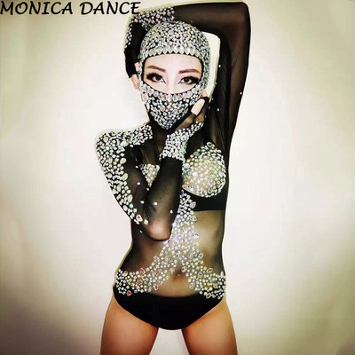 Női szexi, hosszú ujjú trikó jelmezek strasszos kristályok ruhák fekete énekes Bodysuit Dj Gauze Sparkling Diamond Bodysuit
